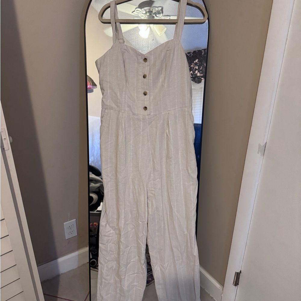 Old Navy Cream Striped Wide-Leg Jumpsuit with Button Front